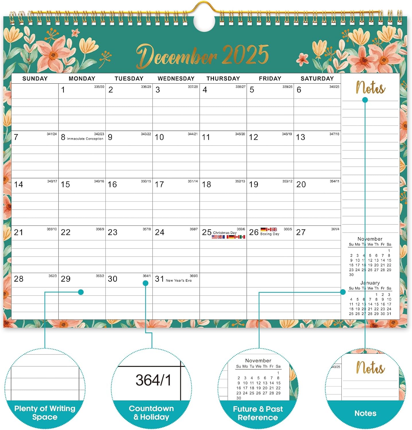 Calendar 2026-2027, Monthly Wall Calendar Runs Until June 2027, 11.5" x 14.8", Spiral Binding Hanging Wall Calendar, Perfect for Home or Office,Floral