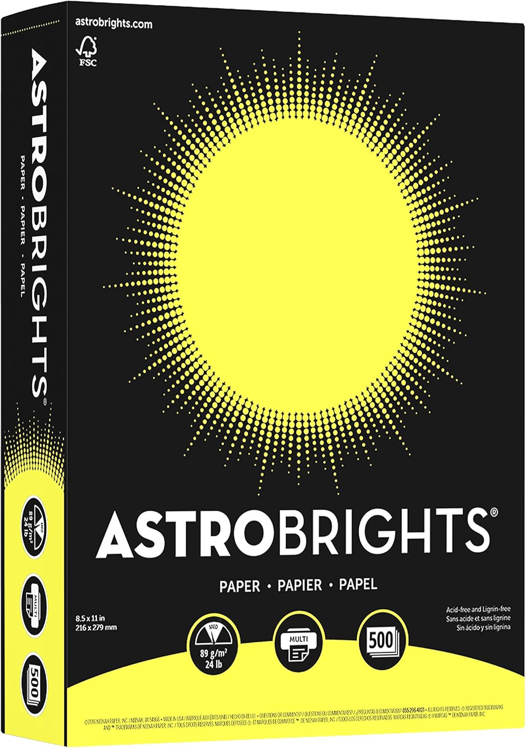Neenah Paper Astrobrights Color Paper, 8.5” x 11”, 24 lb/89 gsm, Lift-Off Lemon, 500 Sheets (21018)