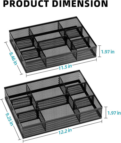Marbrasse 2 Pack Desk Drawer Organizer, Mesh Drawer Organizer Tray with 8 Adjustable Compartments, Desk Organizers and Accessories, 5 Dividers Drawer for Office Supplies, Makeup & Vanity (Black)