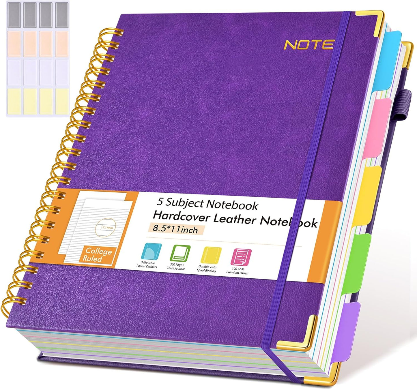 Hardcover Large Spiral Notebook 8.5" x 11" with Removable Dividers Tabs, 300 pages Leather 5 Subject Notebook College Ruled, A4 Journal for Women Men, Notebooks for Work School Note taking,Black