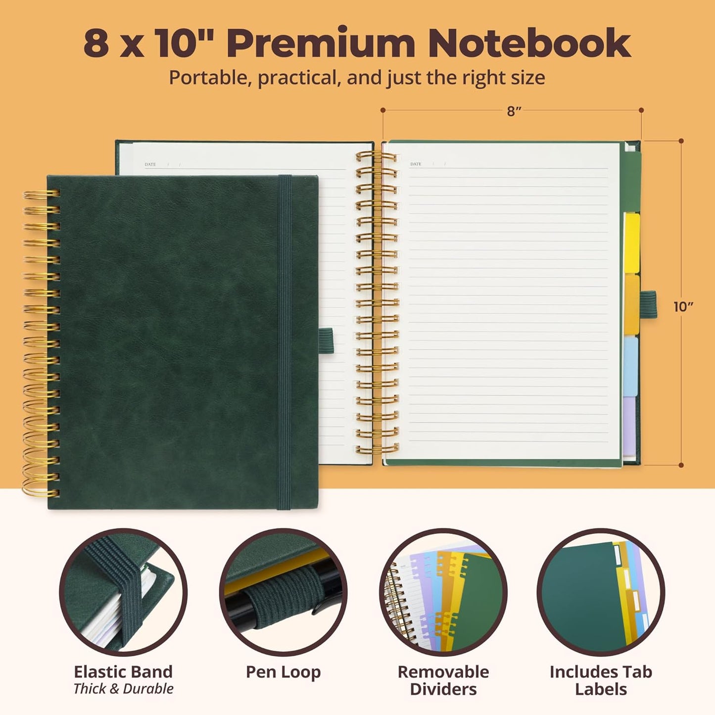 Hardcover Leather Lined Spiral Notebook 8x10" with Removable Dividers - Black - 300 Pages 5 Subject College Ruled Notebook for Work with Tabs, Pockets, and Pen Loop for Note Taking, Large Journal