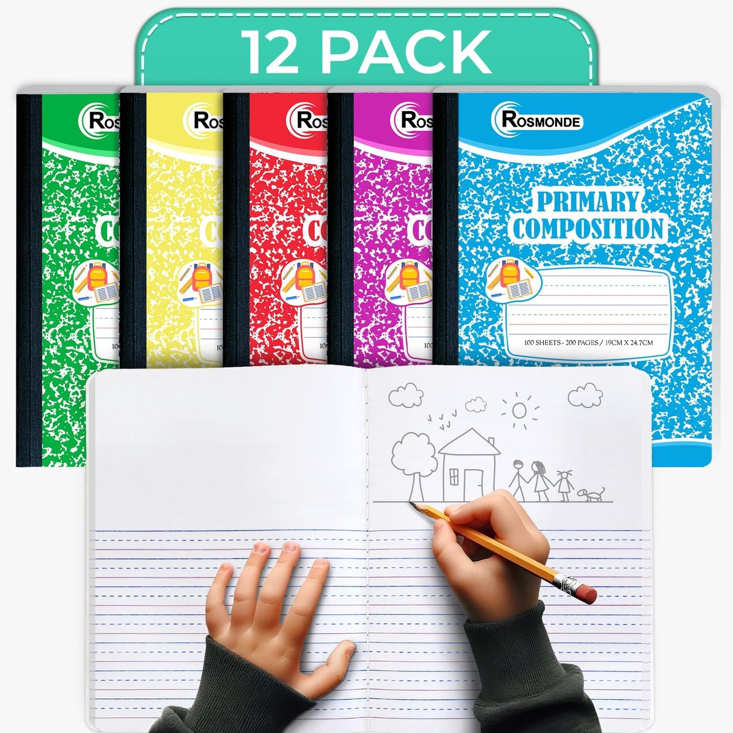 Rosmonde 5 Pack Primary Composition Notebook, 200 Pages (100 Sheets), Drawing Story Journal Writing Notebook, 9-3/4 x 7-1/2, Primary Composition Notebooks, Grades K-2, With Header For Drawing