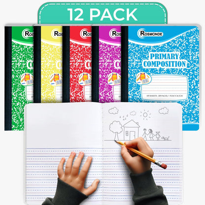 Rosmonde 5 Pack Primary Composition Notebook, 200 Pages (100 Sheets), Drawing Story Journal Writing Notebook, 9-3/4 x 7-1/2, Primary Composition Notebooks, Grades K-2, With Header For Drawing