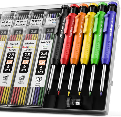 Nicpro Carpenter Pencil with Sharpener, Mechanical Pencils Set with 26 Refills, Deep Hole Marker for Construction, Heavy Duty Woodworking Tools for Architect (Black, Red) - With Case