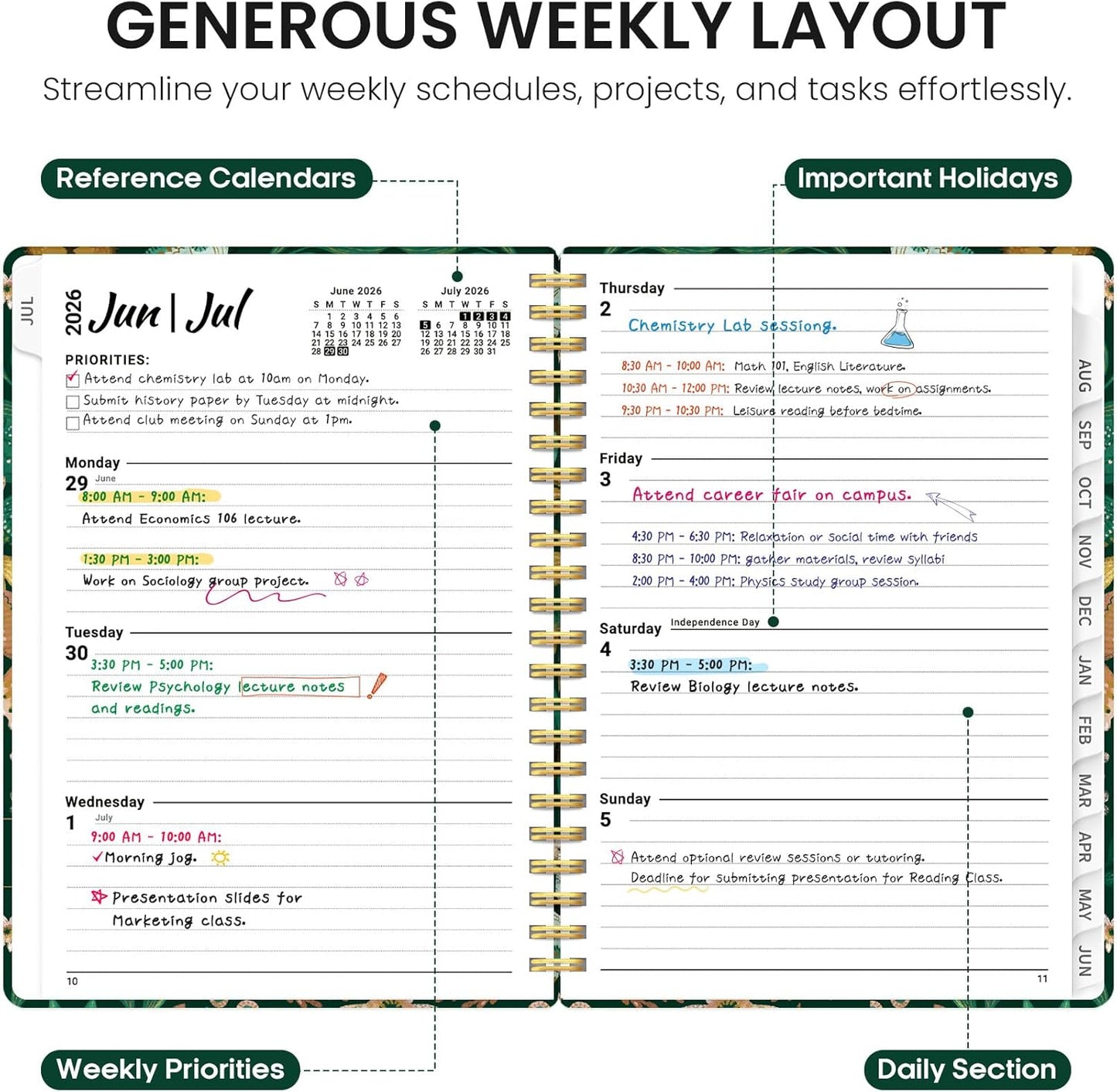 Planner 2026-2027, Academic Year Monthly and Weekly Calendar Planner, Jul 2026 - Jun 2027, Hardcover Teacher Student Planning Agenda book with Tabs, Perfect for School Office Supplies, 6.3" x 8.5" - Wildflowers