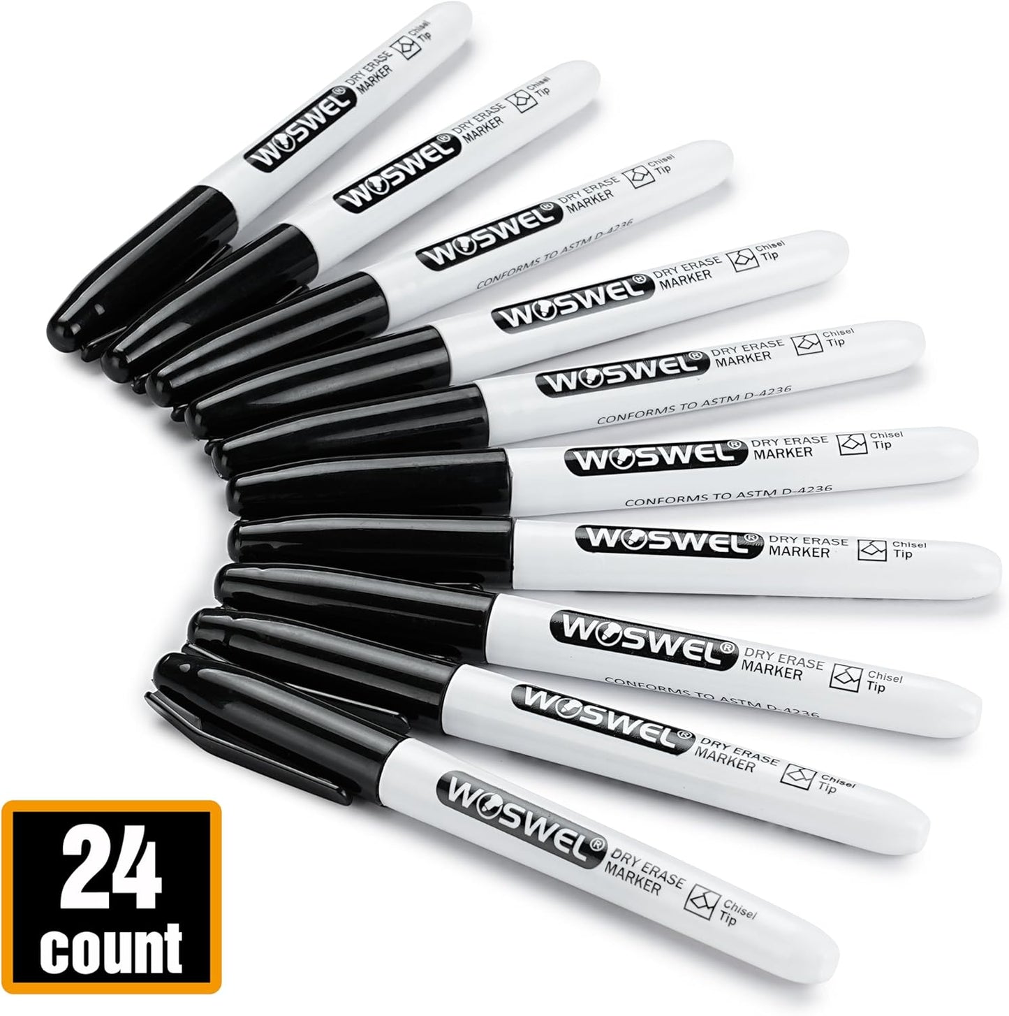 WOSWEL Dry Erase Markers,24 Pack Black Chisel Tip Whiteboard Markers, Chisel Point Low Odor Dry Erase Marker for School Office and Home