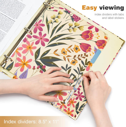 Ospelelf Binder 3 Ring 1 Inch, Floral Round Ring Clipboard Binder for Letter Size with 5 Tab Dividers, File Folder Labels, for School and Office Supplies