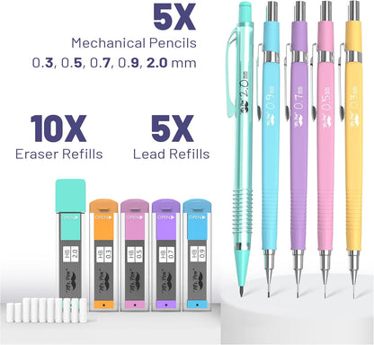 Mr. Pen- Art Mechanical Pencil Set, 5 Vintage Mechanical Pencils (0.3, 0.5, 0.7, 0.9, 2.0mm), 5 HB Lead Refills & 10 Eraser Refills, Precision Drawing Pencils for Sketching, Writing & Artwork