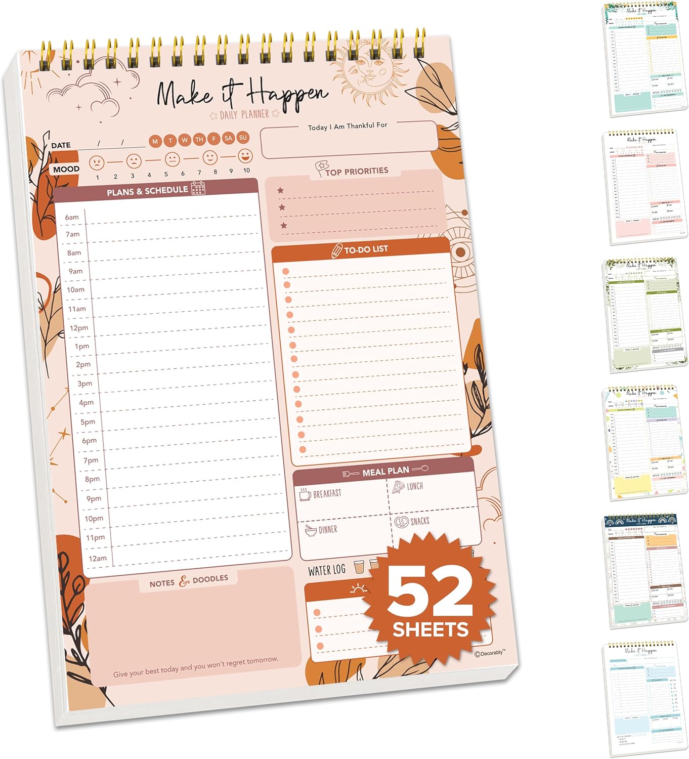 Decorably 52 Sheets Boho Celestial Undated Daily to Do List Notepad - 6.5x10" Spring-Bound Planner, Easy Tear-Off, for Schedule, Priorities, Agenda, Water Intake, Meals, Notes & Doodles - Home, Office