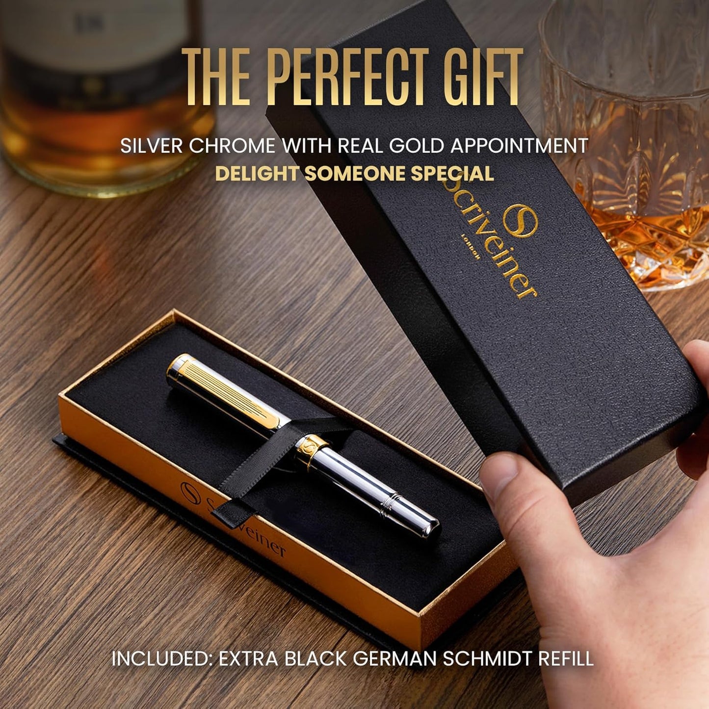 Scriveiner Black Rollerball EDC Luxury Pen, Stunning Pocket Pen with Chrome Finish, Cool Writing, Best Gift for Men & Women, German Schmidt Refill, Nice Present, Fancy Office Designer Set