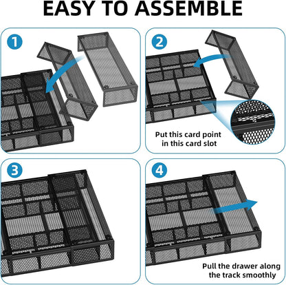 Marbrasse Expandable Desk Drawer Organizer, Mesh Drawer Organizer Tray with 10 Adjustable Compartments, Desk Organizers and Accessories, 5 Dividers Drawer for Office Supplies, Makeup & Vanity (Black)