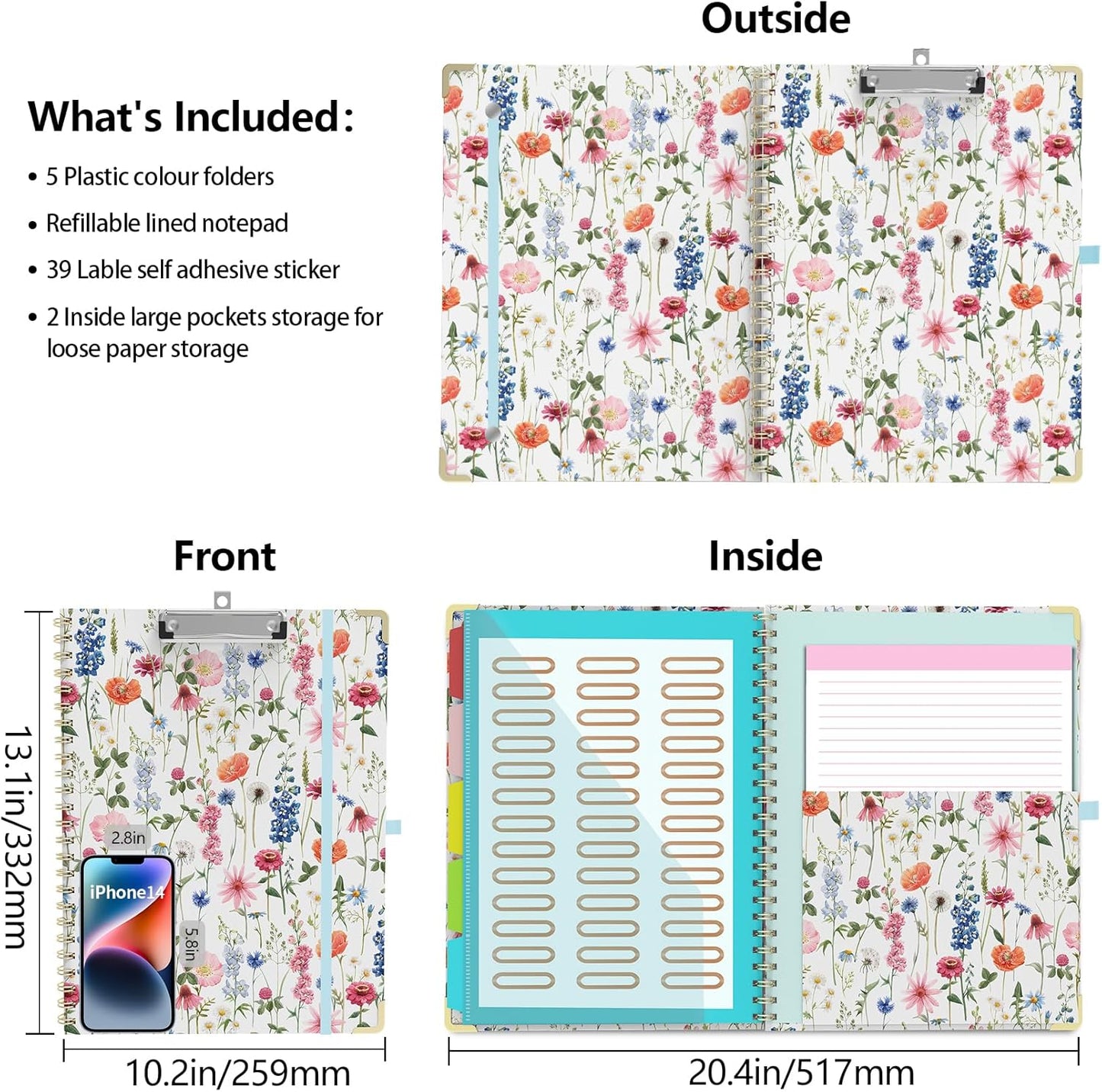 Clipboard Folio with Storage Clipboards Padfolio Notebook for Letter Size (11" x 8.5"), Pink Clipboards with 10 Pockets and 5 Folders Nursing Teacher School Essentials (Stay Positive)