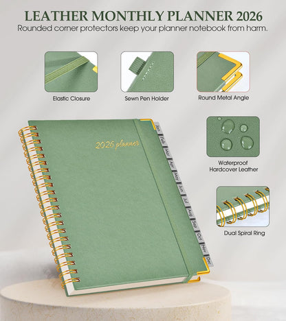 2026 Planner, Weekly and Monthly Calendar Planner from January 2026 - December 2026, 8.5" x 11" Hardcover Leather Hourly Appointment Book with Tabs, Spiral Daily Planners for School Work Home, Green
