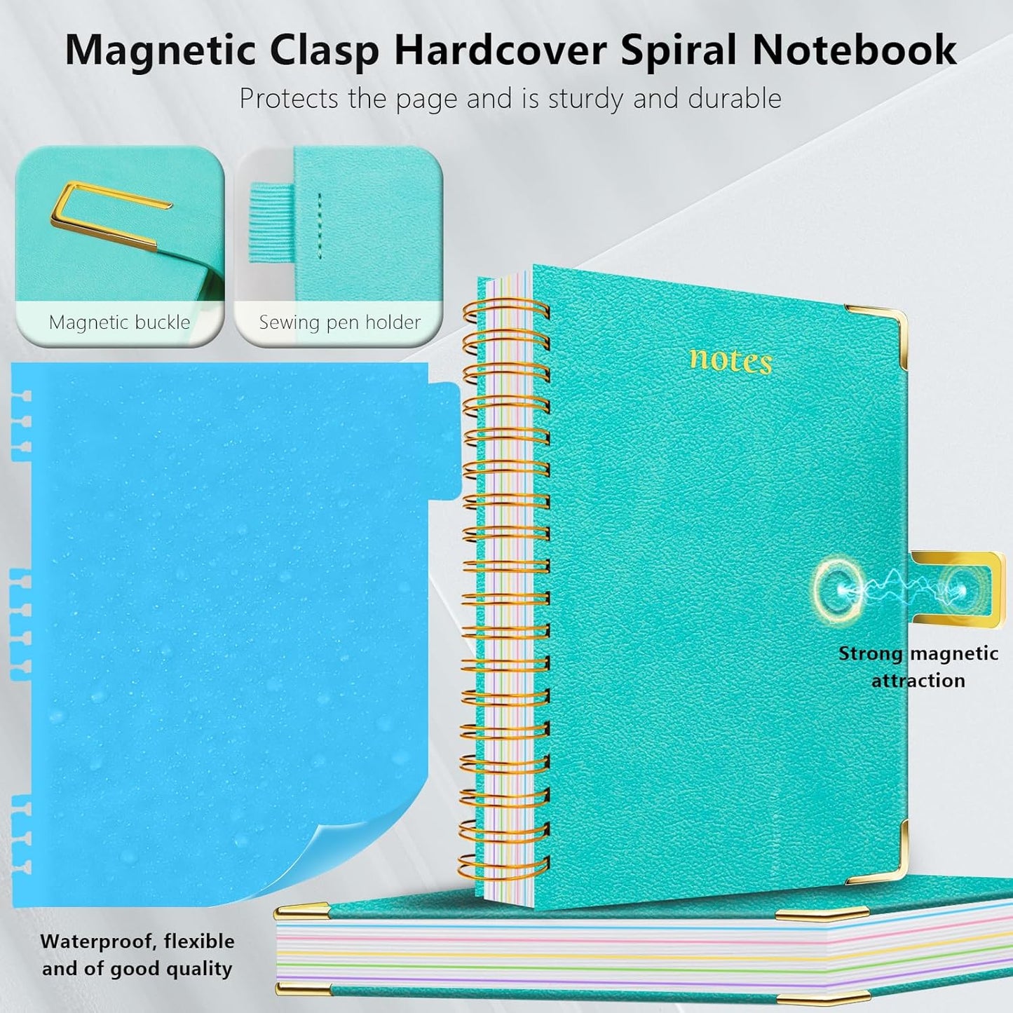 Hardcover Spiral Notebook College Ruled, 8"x10" Leather Journal Notebook with Magnetic Closure, 300 Pages 5 Subject Notebook with Dividers Tabs Journal for Women Men, Work, School(Rose Red)