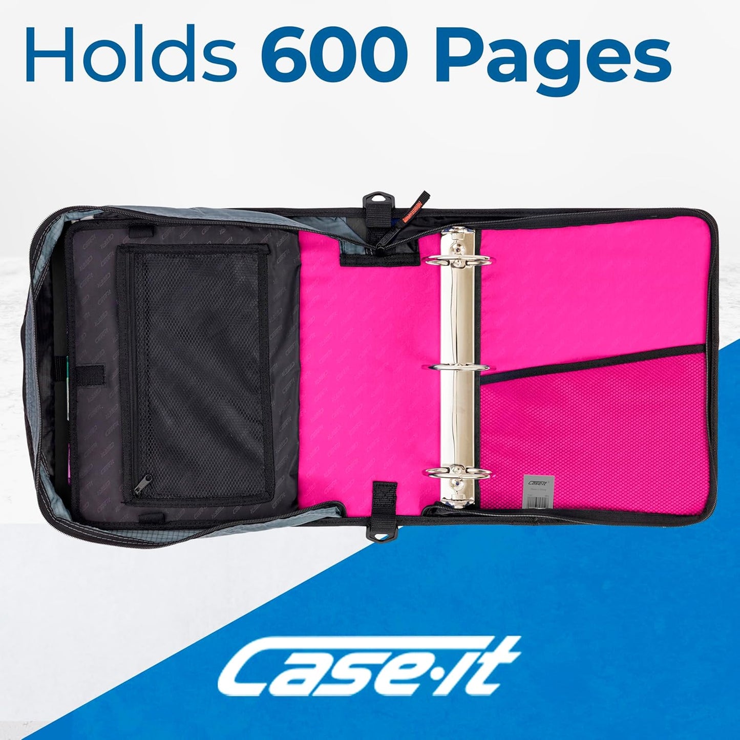 Case-it Mighty Zip Tab School Zipper Binder | 3-Inch O-Rings, 600-Sheet Capacity, 5-Subject Expanding File Folder, Multiple Pockets & Storage Organizer, Shoulder Strap | D-146 Jet Black