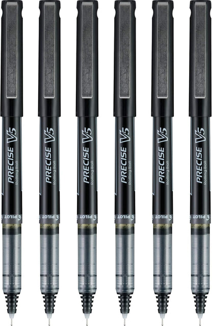 Pilot Precise V5 RT Refillable & Retractable Rollerball Pens, Extra Fine Point Pens 0.5 mm, Black, Pack of 6 - Ideal for School, Journaling & Office Writing