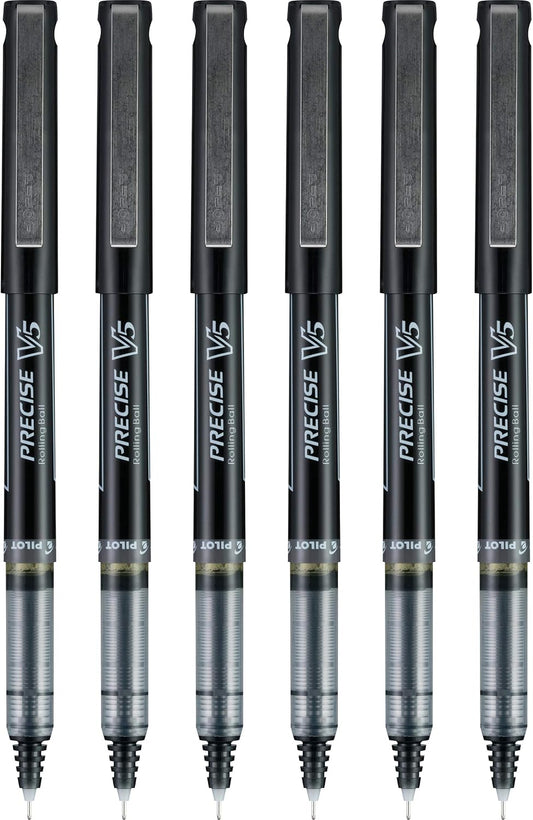 Pilot Precise V5 RT Refillable & Retractable Rollerball Pens, Extra Fine Point Pens 0.5 mm, Black, Pack of 6 - Ideal for School, Journaling & Office Writing