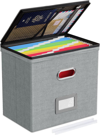 Oterri 2 Pack File Organizer Boxes with Lids, File Box with Mesh Pockets, Document Organizer Box for File Folders Letter Size, Zippers Filing Box for Home, Office, School (Green, Without Folders)