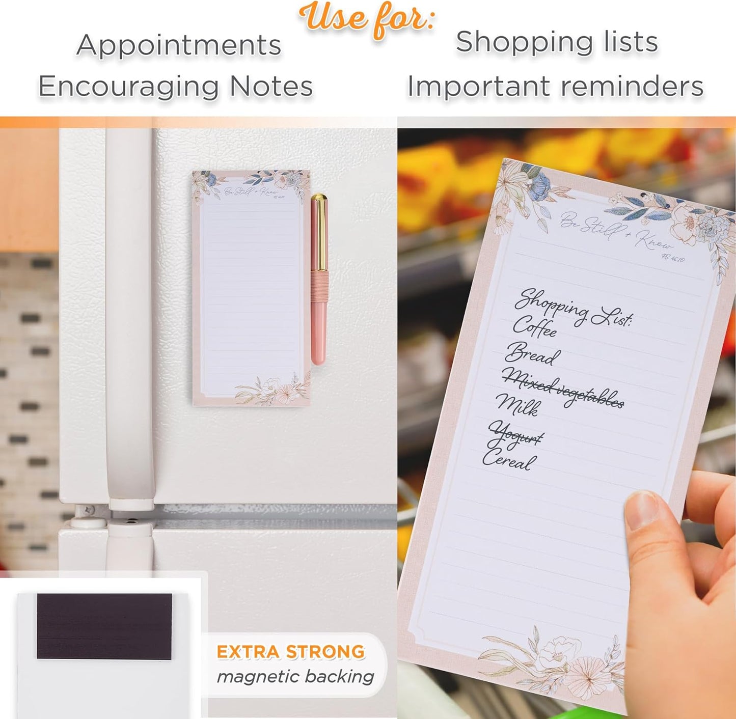 Christian Art Gifts Compact Magnetic Notepad & Medium Ballpoint Pen Set: Trust in the Lord Inspirational Scripture, Shopping Lists, Memos, Reminders, 70 Lined Easy Tear-off Sheets, Purple/Teal Floral