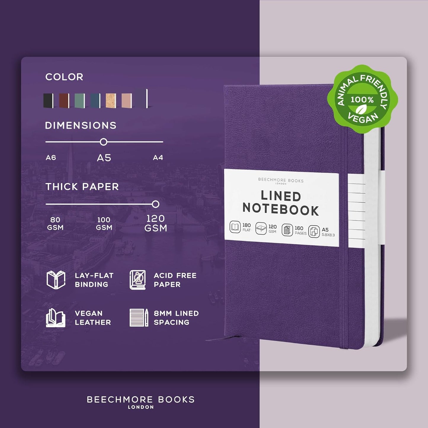 BEECHMORE BOOKS Large Lined Journal Notebook, 8.5" x 11.5" (A4) Hardcover Vegan Leather Executive Diary for Work, Thick 120gsm Paper, Lay-Flat Binding, Gift Box