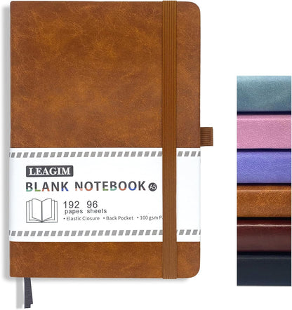 Blank Journal Notebook, A5, 192 Pages 100 GSM Thick Sketch Book for Women Men, Hardcover Leather Unlined Journaling for Work, Notebooks for Writing, 5.8 inches x 8.5 inches (Black)