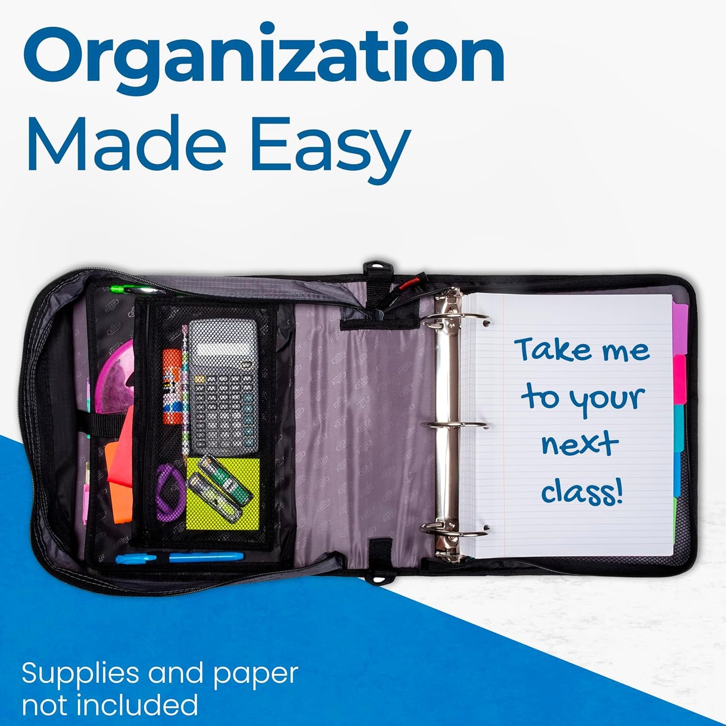 Case-it Mighty Zip Tab School Zipper Binder | 3-Inch O-Rings, 600-Sheet Capacity, 5-Subject Expanding File Folder, Multiple Pockets & Storage Organizer, Shoulder Strap | D-146 Jet Black