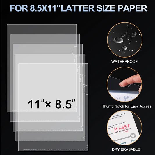 HABGP 14Pcs Clear File Folders Letter Size, Sheet Protectors 8.5 x 11 Inch, Plastic Folders L-Shaped Beveled Open Report Covers Page Paper Document Folder