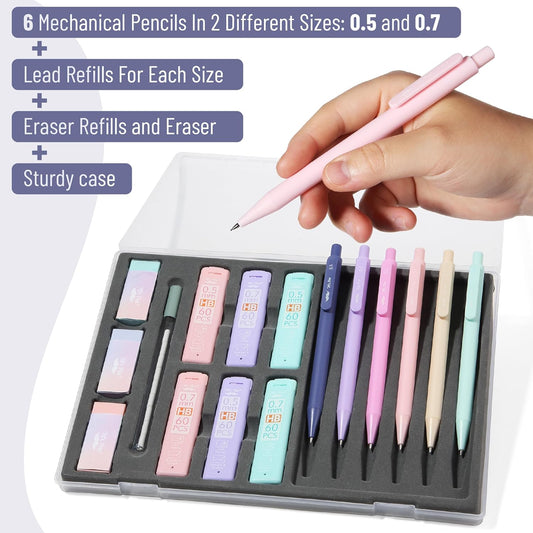 Mr. Pen- Pastel Mechanical Pencil Set with Lead Refills & Erasers, 6 Pack, 2 Sizes, 0.5 & 0.7mm, 6x Tubes HB Lead Refill, 3x Erasers for School Supplies, Note Taking, Drawing, Sketching, Office