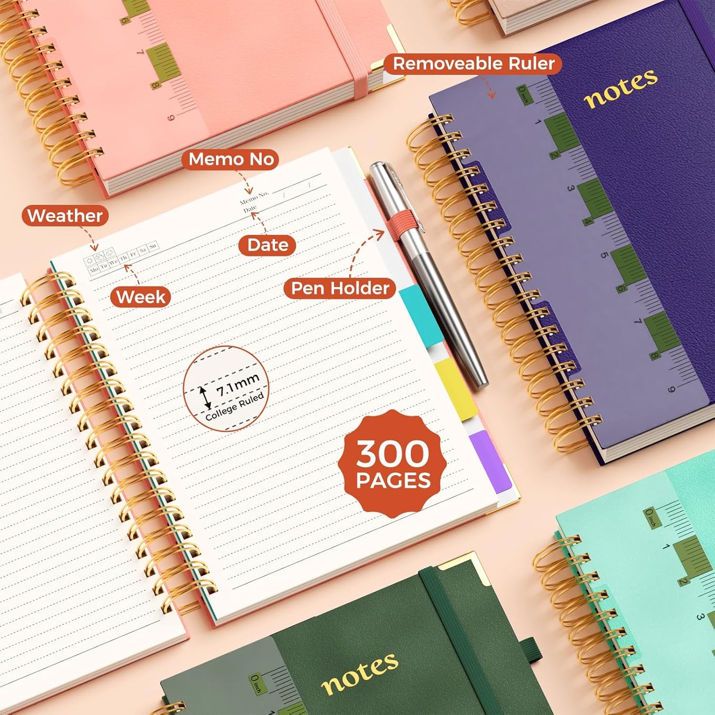 Line Hardcover Spiral Notebook with Removable Dividers Tabs & Ruler, 5 Subject Notebook College Ruled, 300 Page, Large 8"x10" B5 Notebooks for Work School, Lined Journal for Women & Men, Purple