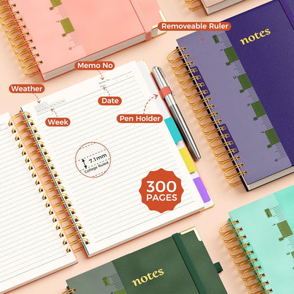 Line Hardcover Spiral Notebook with Removable Dividers Tabs & Ruler, 5 Subject Notebook College Ruled, 300 Page, Large 8"x10" B5 Notebooks for Work School, Lined Journal for Women & Men, Purple
