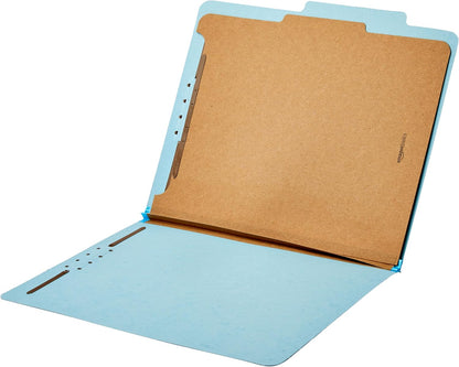 Amazon Basics Classification Folder with Prongs, 100% Recycled, 2 Dividers, 2" Embedded Fasteners, Letter Size, for Documents Organization, Light Blue, 10 Count