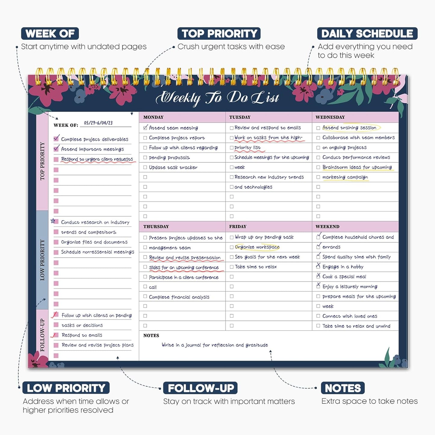 Taja Weekly To Do List Notepad with 52 Undated Sheets（8.5"×11"）- Weekly Desk Planner for Women & Man, Work and Home -1 Pack Violet Dream
