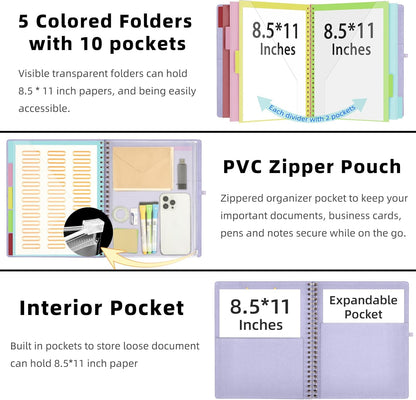 Ospelelf Foldable Spiral Clipboard Folio with Storage Zipper Pouch, 5 Plastic Folders with 10 Pockets,Refillable Lined Notepad (11" x 8.5"), Hardcover Project Organizer with 39 Stickers (Purple)