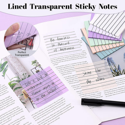 3x3 Inch Transparent Sticky Notes 300 Sheets, Clear Translucent Lined Self-Adhesive Memo Repositionable Reminder Pad for Office, College Students, Planners, Journals, School Supplies (Purple)