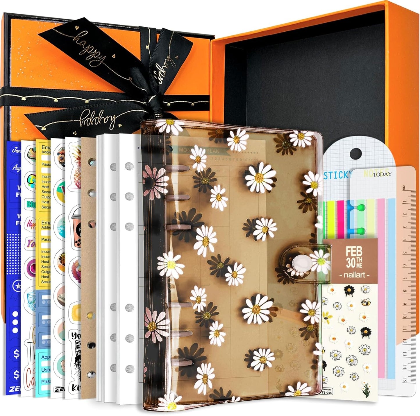 A6 A5 6-Holes Colorful PVC Cover Round Ring View Binder with Snap Button Closure File Folder for Loose Leaf Sheet Protectors Notebook Refill (Pink Daisy, A5 Mini Set) - Colors A