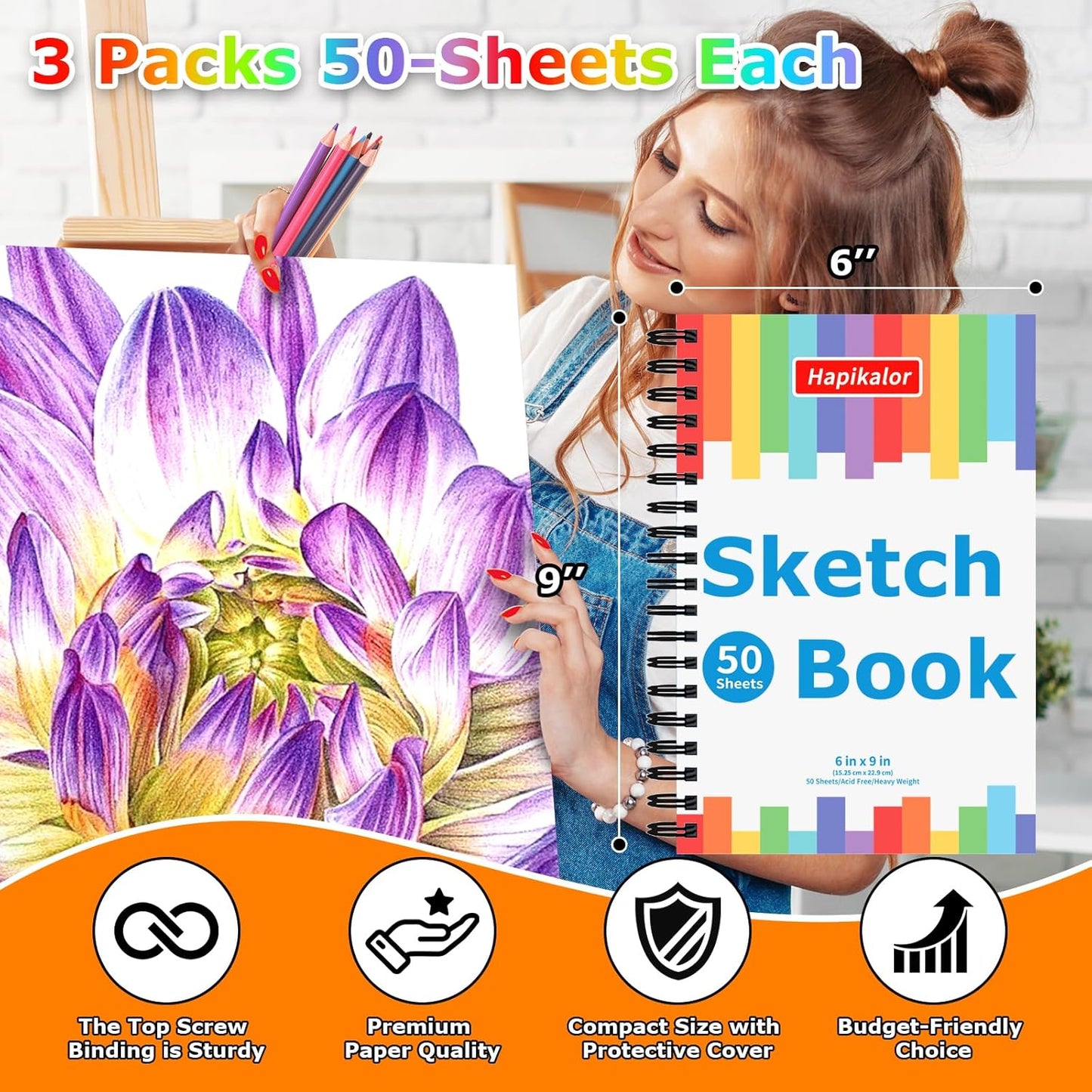 9" x 12" Sketch Book, 2-Pack 50 Sheets Spiral Bound Art Sketchbook, Acid Free Artist Drawing Book Paper, Art Supplies for Adults Kids, Craft Activities, Sketch Paper for Drawing Coloring Sketching