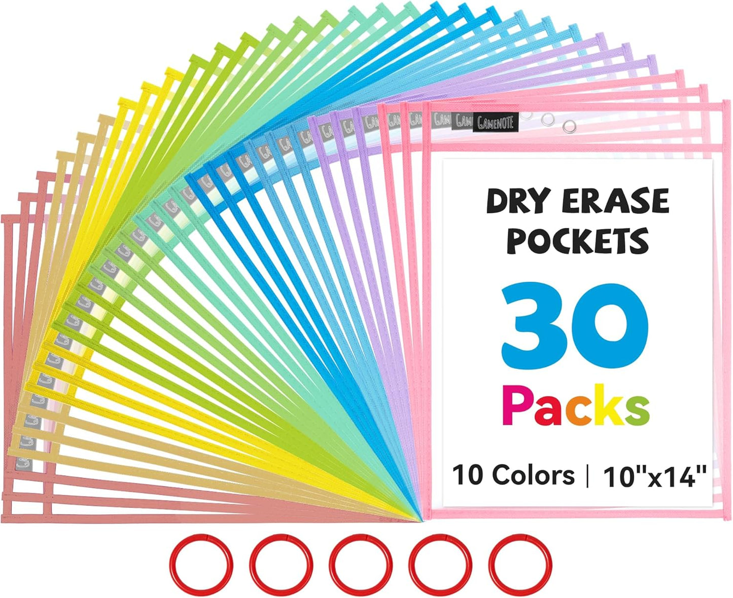 Gamenote Dry Erase Pockets 30 Pack with Rings, Oversized Reusable Plastic Sleeves Shop Job Ticket Holders Sheet Protectors Teacher Supplies Organization for Classroom Must Have, 10x14 Inches (Black)
