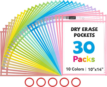 Gamenote Dry Erase Pockets 30 Pack with Rings, Oversized Reusable Plastic Sleeves Shop Job Ticket Holders Sheet Protectors Teacher Supplies Organization for Classroom Must Have, 10x14 Inches (Black)
