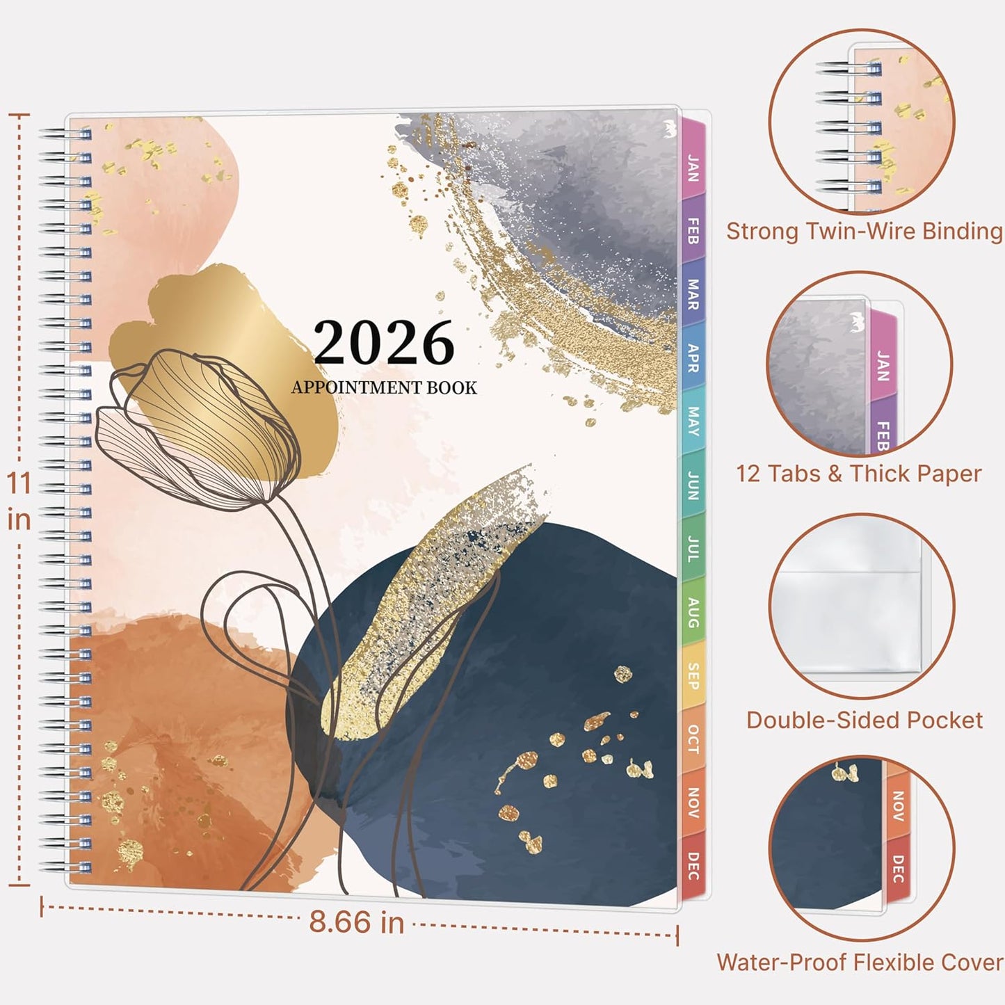 2026 Appointment Book, 30 Minutes-Hourly, Weekly ＆ Monthly Calendar Planner 2026, Jan 2026 - Dec 2026, 8.5'' x 11'', 2026 Daily Planner with Tabs ＆Pocket, Flexible Cover, Great for Office, Home, School