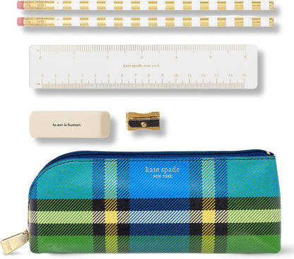 kate spade new york Pen and Pencil Case with Office Supplies, Zip Pouch Includes 2 Pencils, Sharpener, Eraser, and Ruler, Polka Dots (black/white)