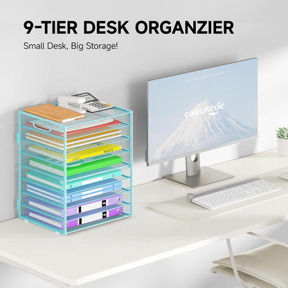 Cawukege 9 Tier Paper Organizer with Handle, Black Large Capacity Desk Organizer Mesh File Folder Letter Paper Tray Desktop Document Sorter for Classroom, School, and Office Accessories Organization