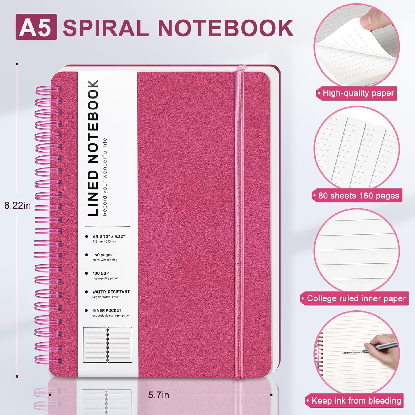ABERLLS Lined Spiral Journal Notebook with 160 Pages, 8×5.7in, A5 Spiral Notebook, Journaling Notebooks for Work, School, Women, Men, College Ruled Spiral Notebook, Hardcover Leather Journals, Blue