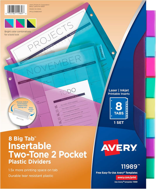 Avery Big Tab Insertable Plastic 2 Pocket Dividers for 3 Ring Binders, 8 Tab Set, Bright Two-Tone Multicolor, Works with Sheet Protectors, 1 Set (11989), Pack of 24