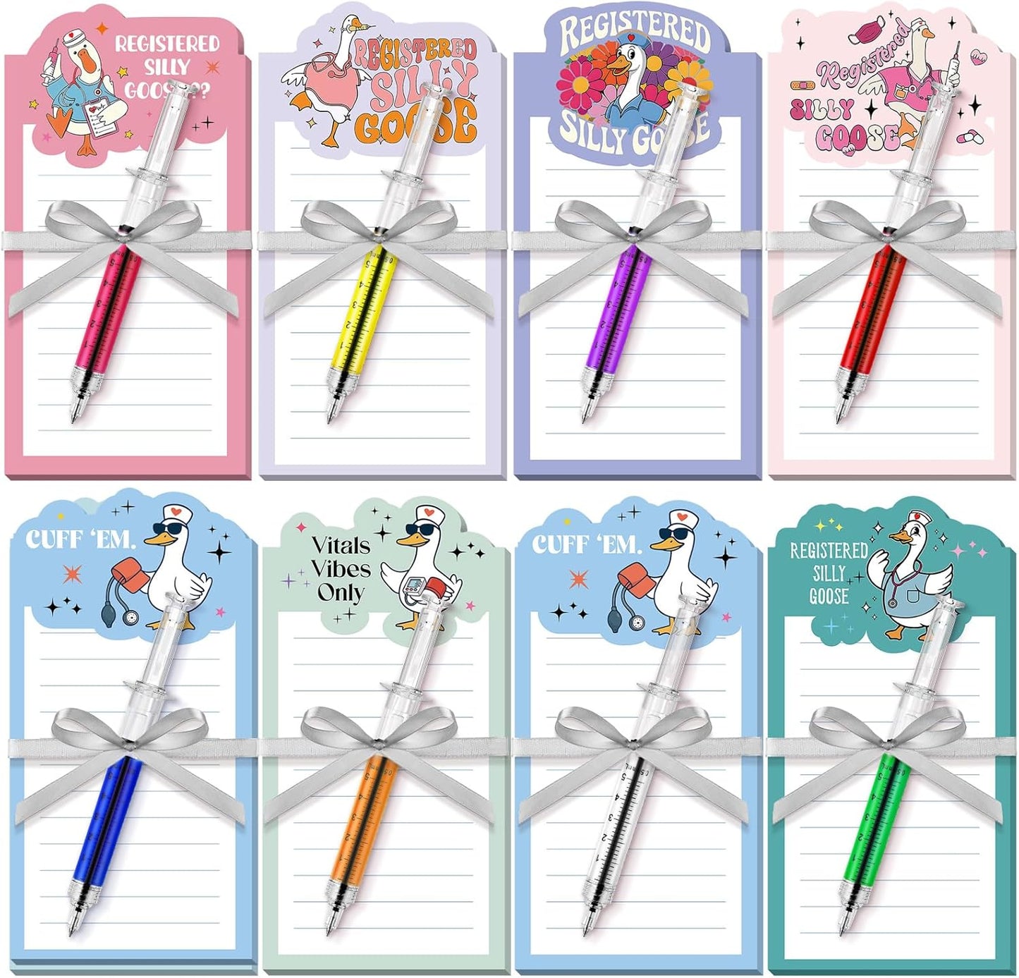 Laumoi 8 Set Funny Nurse Notepad with Pen 2026 Nurse Week Gift Bulk Nursing Sticky Note Die Appreciation Memo Pad with Syringe Ballpoint Pen for Medical Assistant Rn Cna Lrn (Novel, Bright Color)
