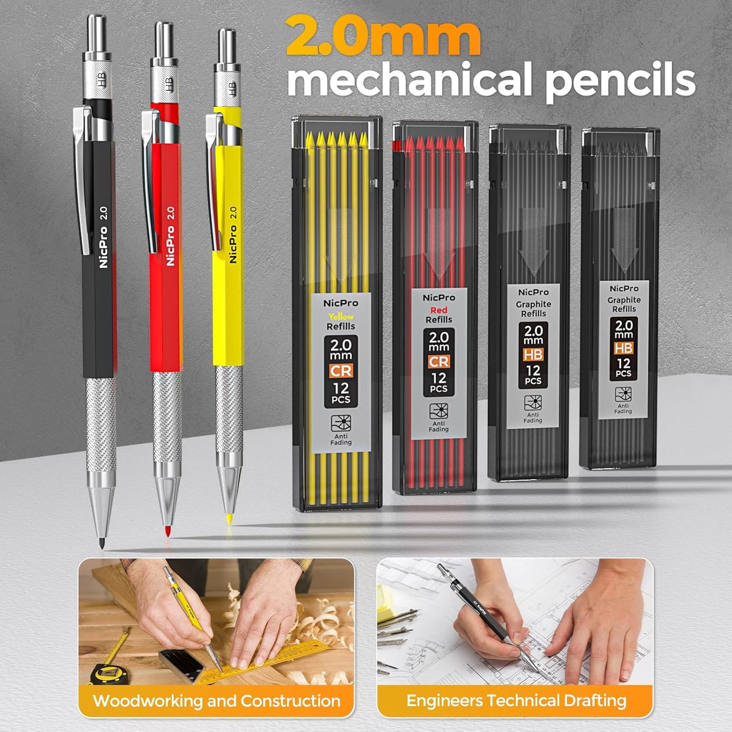 Nicpro 31 Pack Carpenter Pencil Set with Sharpener, Mechanical Carpenter Pencils with 128PCS Refills and Carbide Scribe Tool, Heavy Duty Construction Pencils for Architect Woodworking-With Canvas Case
