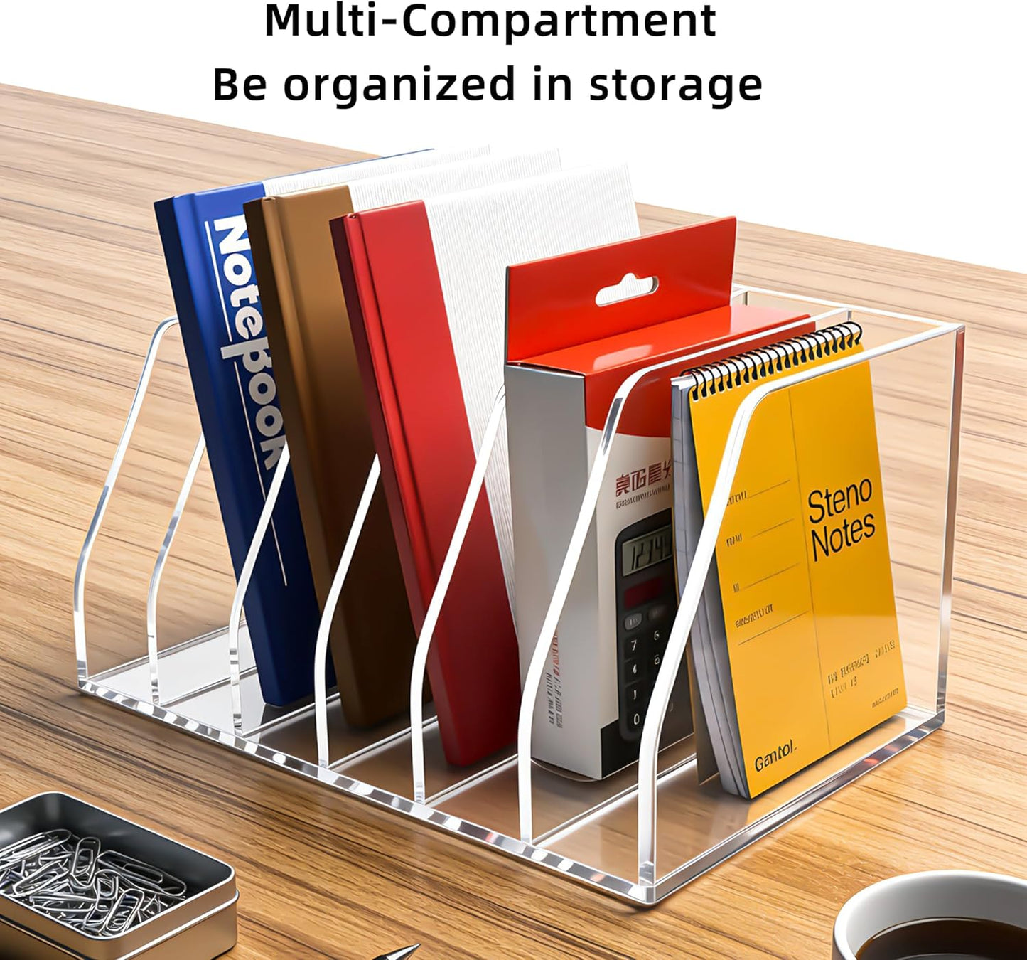 Acrylic Magazine File Holder, 4 Vertical Compartments Desk Document Sorter Organizer, Clear Folder Rack Binder for Office, Tablets, Magazines, Books – Home/Classroom Rack, 5mm Thick