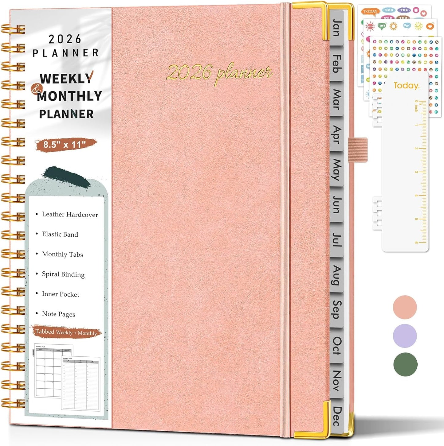 2026 Planner, Weekly and Monthly Calendar Planner from January 2026 - December 2026, 8.5" x 11" Hardcover Leather Hourly Appointment Book with Tabs, Spiral Daily Planners for School Work Home, Green