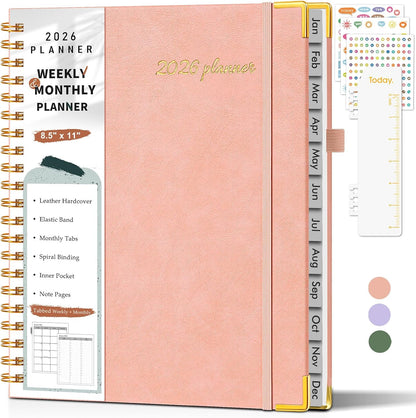 2026 Planner, Weekly and Monthly Calendar Planner from January 2026 - December 2026, 8.5" x 11" Hardcover Leather Hourly Appointment Book with Tabs, Spiral Daily Planners for School Work Home, Green