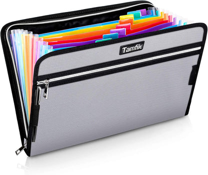Tamfile Fireproof Accordion File Organizer with Handle, 13 Pocket Transparent Expanding File Folder with Zipper & Labels, File Folder with Multi-Pockets Paper Organizer Folder for Letter A4 Files