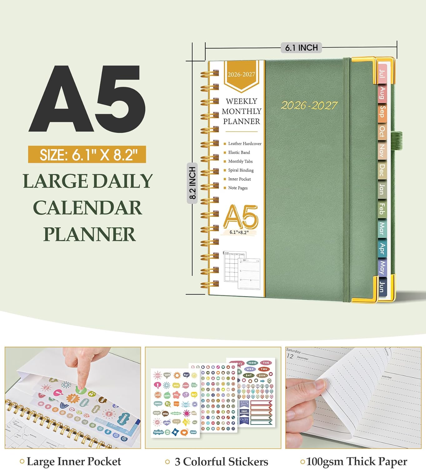 2026 Planner, Weekly and Monthly Calendar Planner from January 2026 - December 2026, 8.5" x 11" Hardcover Leather Hourly Appointment Book with Tabs, Spiral Daily Planners for School Work Home, Green
